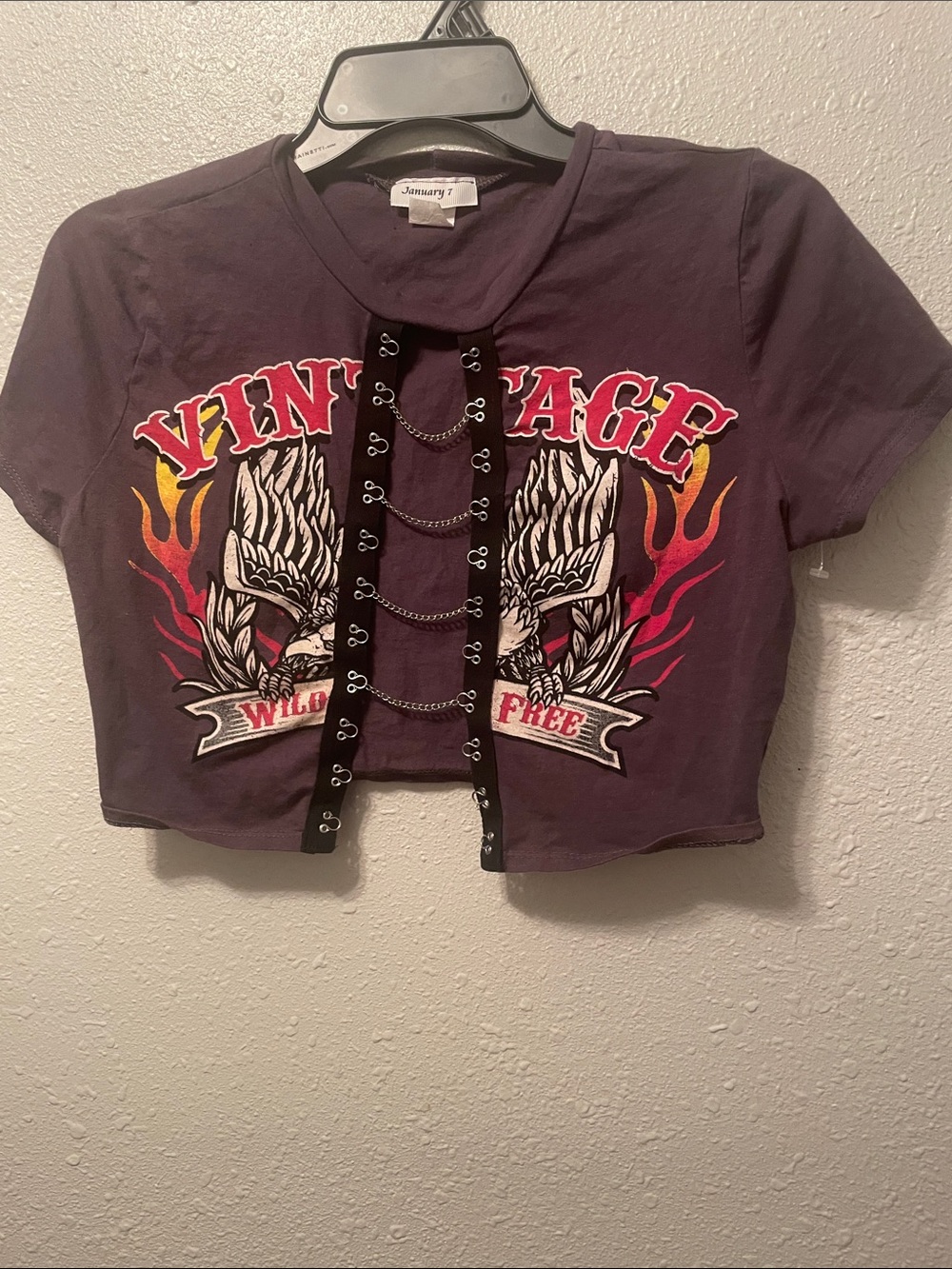 January 7 Purple Graphic Lace-Up Crop Tee with Flame Detail
